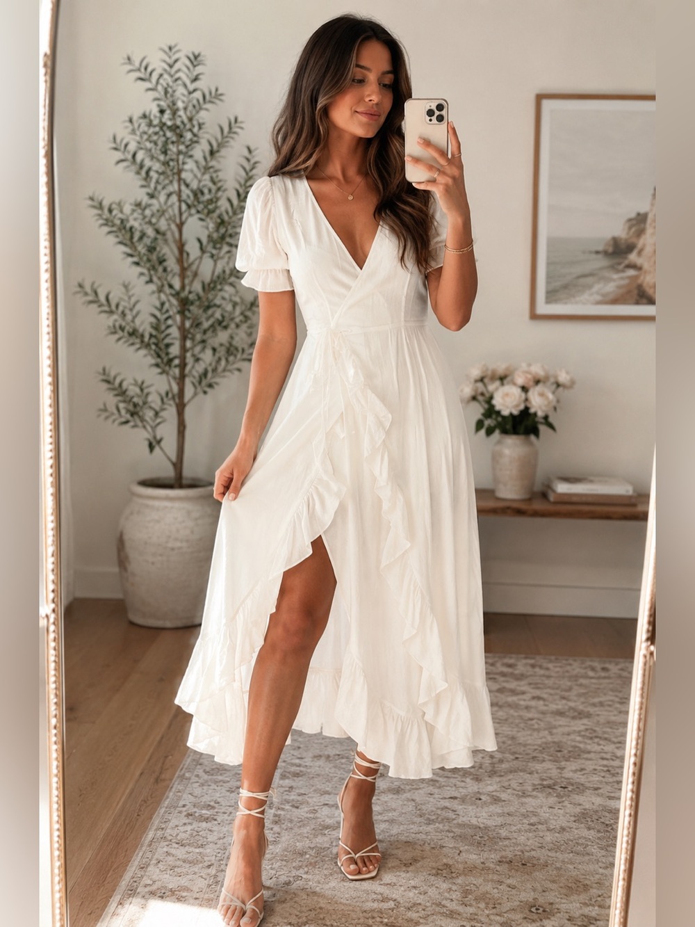 En Saison Nala Midi Dress Off White Ruffle Wrap Around, Size Small